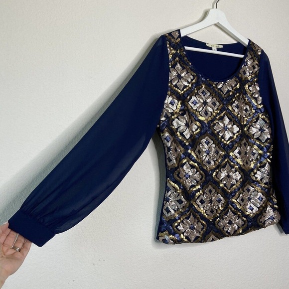 Miami Navy Gold Sequin Button Back Blouse Sz M - Picture 5 of 10